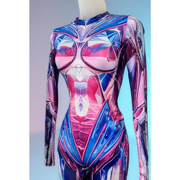 New Small Pink Mirror Spandex Jumpsuit Catsuit‎ Rave Illusion Metallic Cyberpunk - Picture 3 of 7